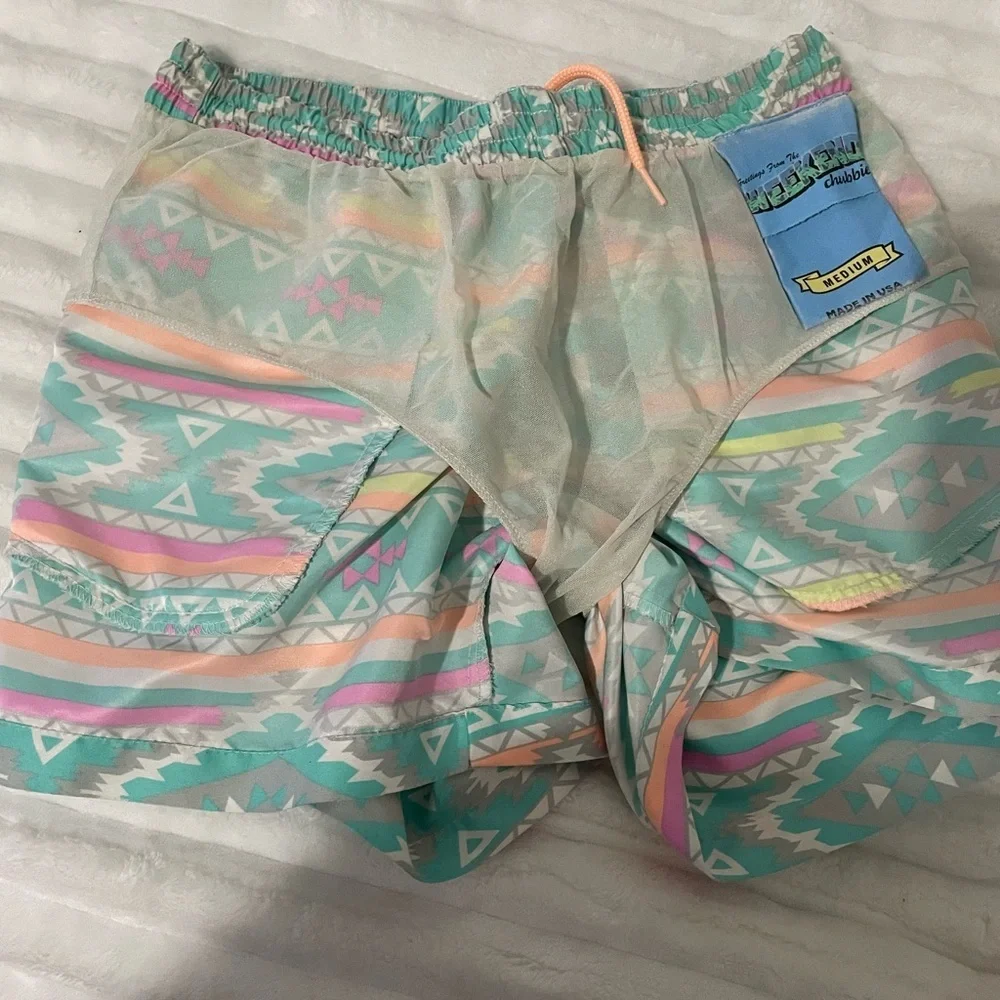 chubbies Turquoise Aztec Swim Trunks with Pink and Yellow Accents